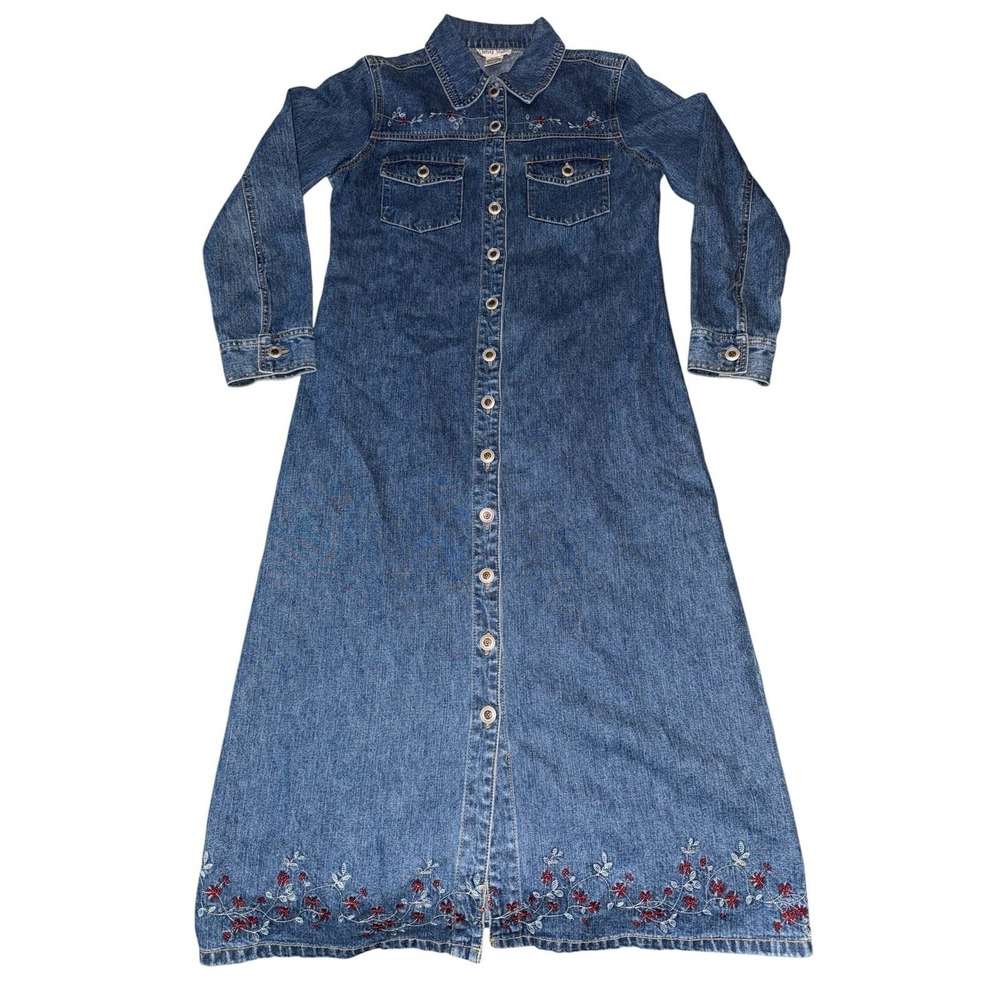 Chelsea Studio Denim Maxi Dress Sz Petite Small Embroidered Button Front Cottage